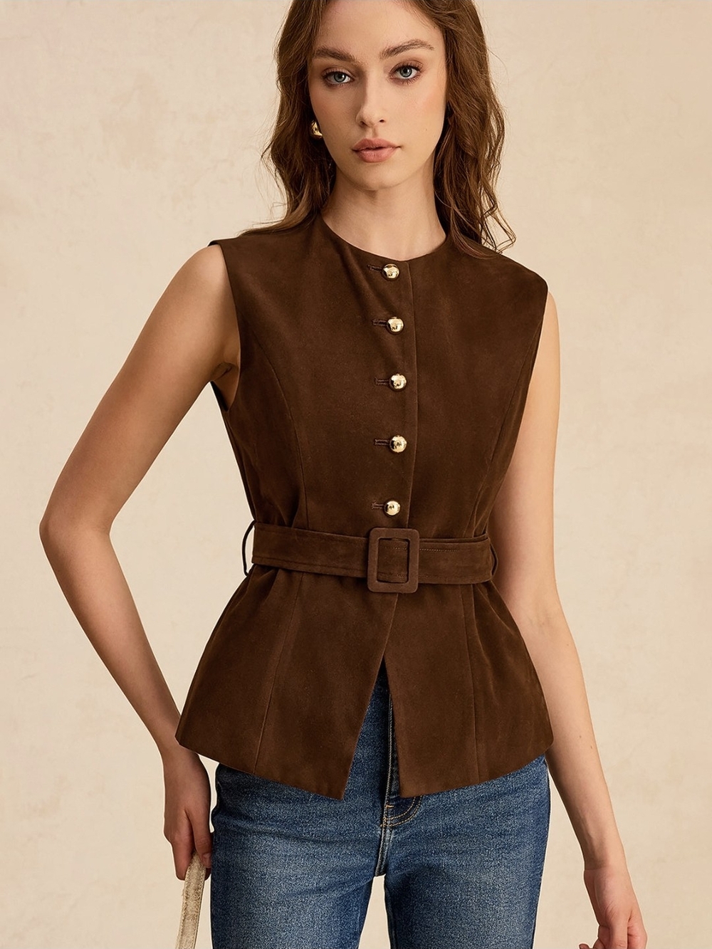 Sleeveless Brown Suede Button Vest